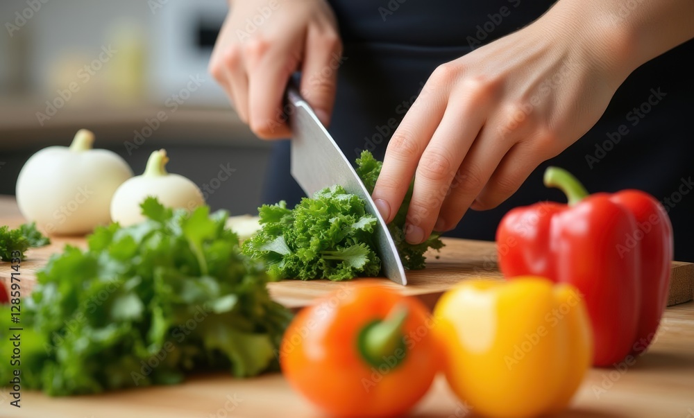 Chopping fresh vegetables in kitchen Chopping fresh vegetables in kitchen