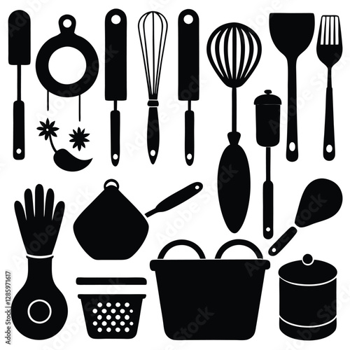 Collection of essential kitchen tools silhouettes in vector on white background