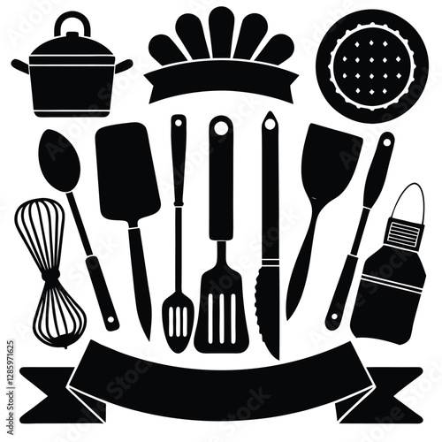 Collection of essential kitchen tools silhouettes in vector on white background