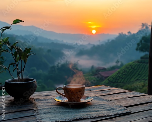 Peaceful morning sunrise over a tea plantation, hot tea cup on a wooden table with steam rising, surrounded by sackcloth and a relaxing naturefilled atmosphere photo