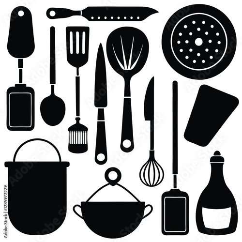 Collection of essential kitchen tools silhouettes in vector on white background