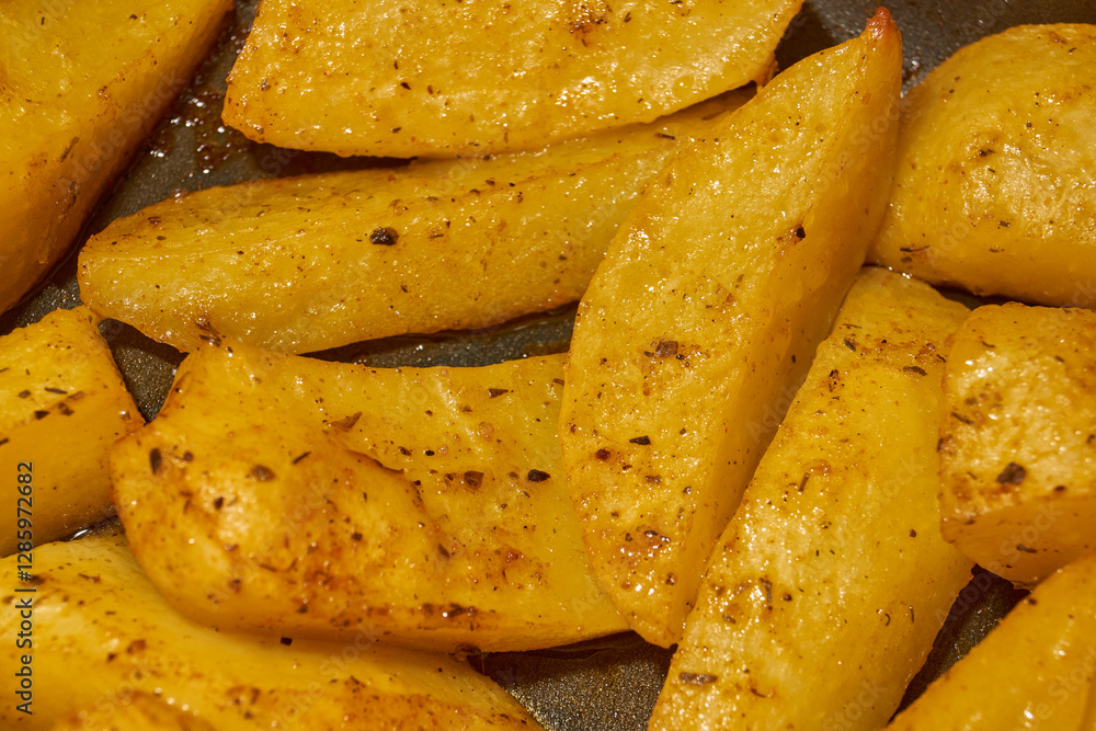 Baked potato slices with seasoning mixture. Close-up. Baked potato slices with seasoning mixture. Close-up.