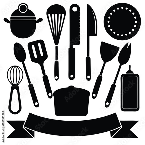 Collection of essential kitchen tools silhouettes in vector on white background
