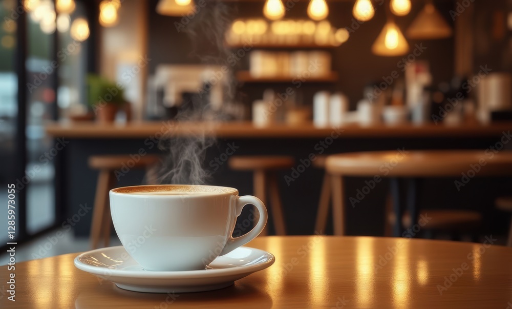 Steaming coffee cup in cafe Steaming coffee cup in cafe