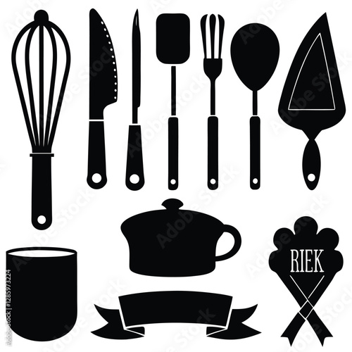 Collection of essential kitchen tools silhouettes in vector on white background