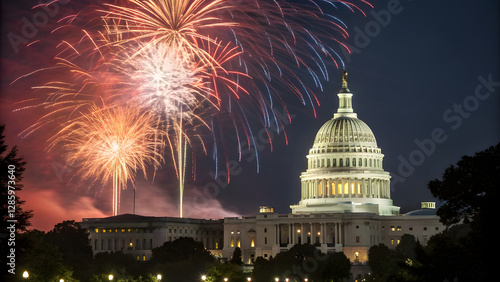 Fireworks Over U.S. Capitol Representing National Pride. Perfect for: National holiday celebrations, government and politics, patriotic themes