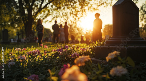 Funeral gathering in a cemetery with flowers at sunset