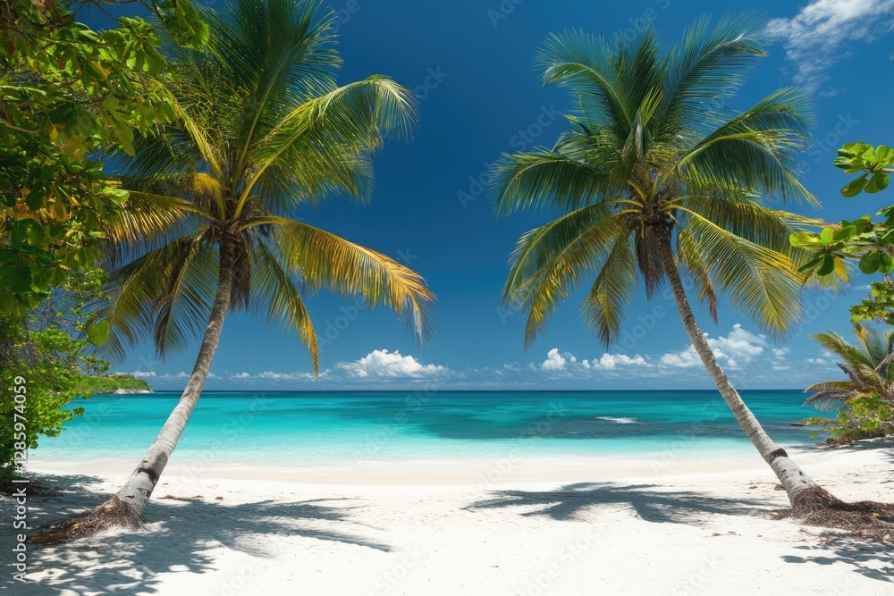 Two tall coconut palms stand near the water's edge on a sandy beach, perfect for a tropical vacation or travel brochure Two tall coconut palms stand near the water's edge on a sandy beach, perfect for a tropical vacation or travel brochure