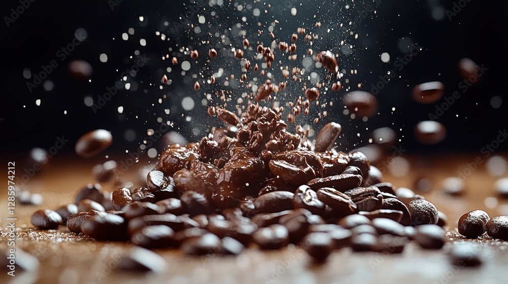 Coffee beans with liquid splash, dark background, studio shot Coffee beans with liquid splash, dark background, studio shot
