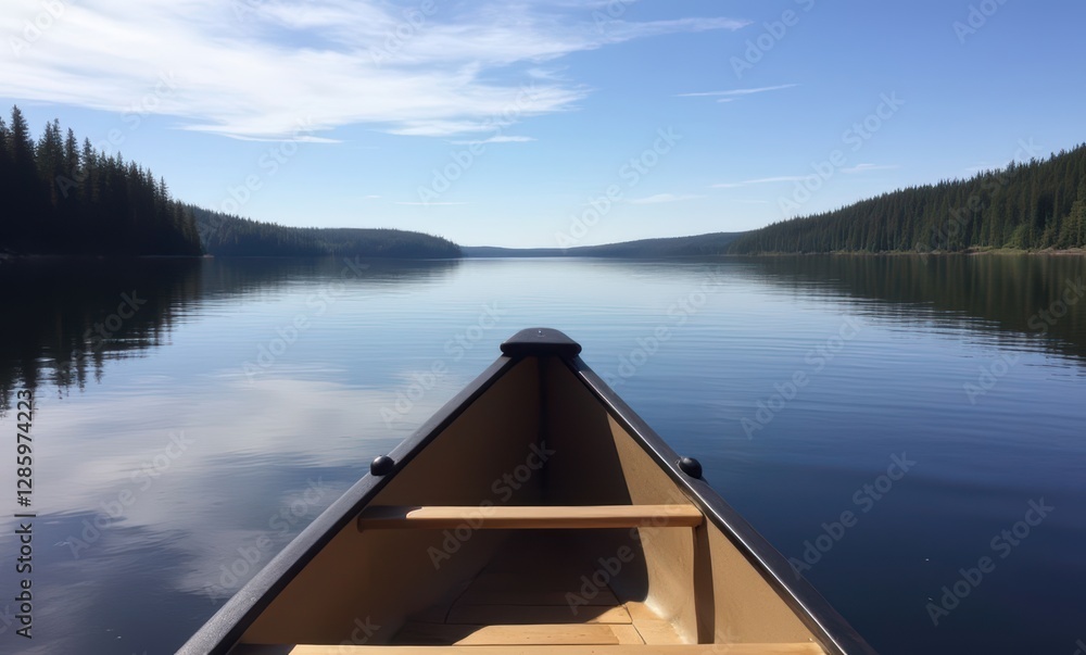 Serene canoe view on calm lake Serene canoe view on calm lake