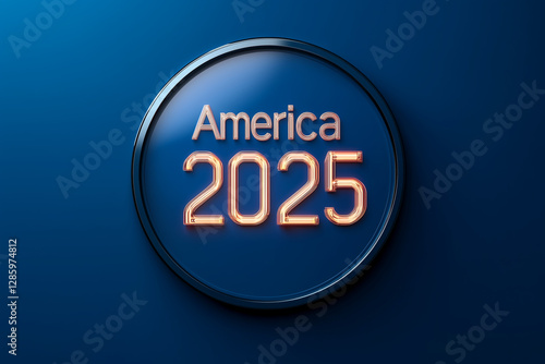 A minimalistic digital design displaying America 2025 in bold metallic letters on a gradient blue background.