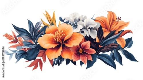 Vibrant Tropical Floral Bouquet with Orange Blooms and Lush Foliage photo