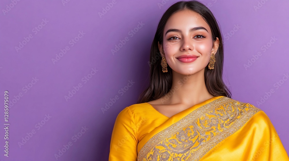 Smiling woman in yellow sari, purple background Smiling woman in yellow sari, purple background