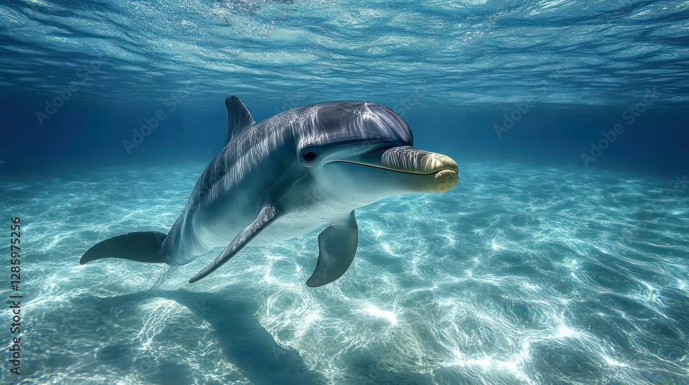 Fototapeta premium Underwater dolphin swimming, clear ocean water, sunlit sandy bottom