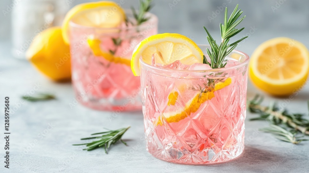 Fototapeta premium Refreshing Pink Lemonade Cocktail with Rosemary Garnish Ice Cubes and Lemon Slices