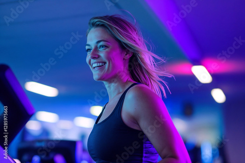  Smiling woman running on treadmill under neon lights