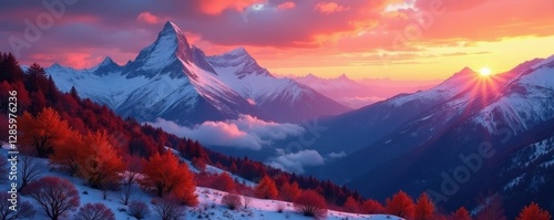 Crimson sunrise over snow-dusted Swiss peaks, autumn hues below , crisp, red, scenery