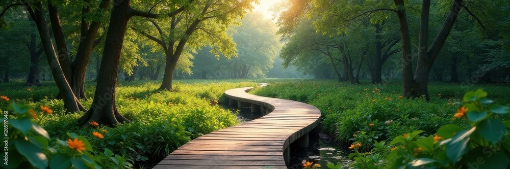 Obraz premium Curving boardwalk meanders through lush wetland scenery, wetlands, outdoor