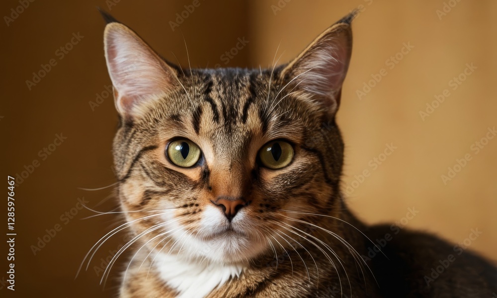 Intense Gaze of a Striped Cat with Piercing Green Eyes, Captured in a Close-Up Portrait Intense Gaze of a Striped Cat with Piercing Green Eyes, Captured in a Close-Up Portrait