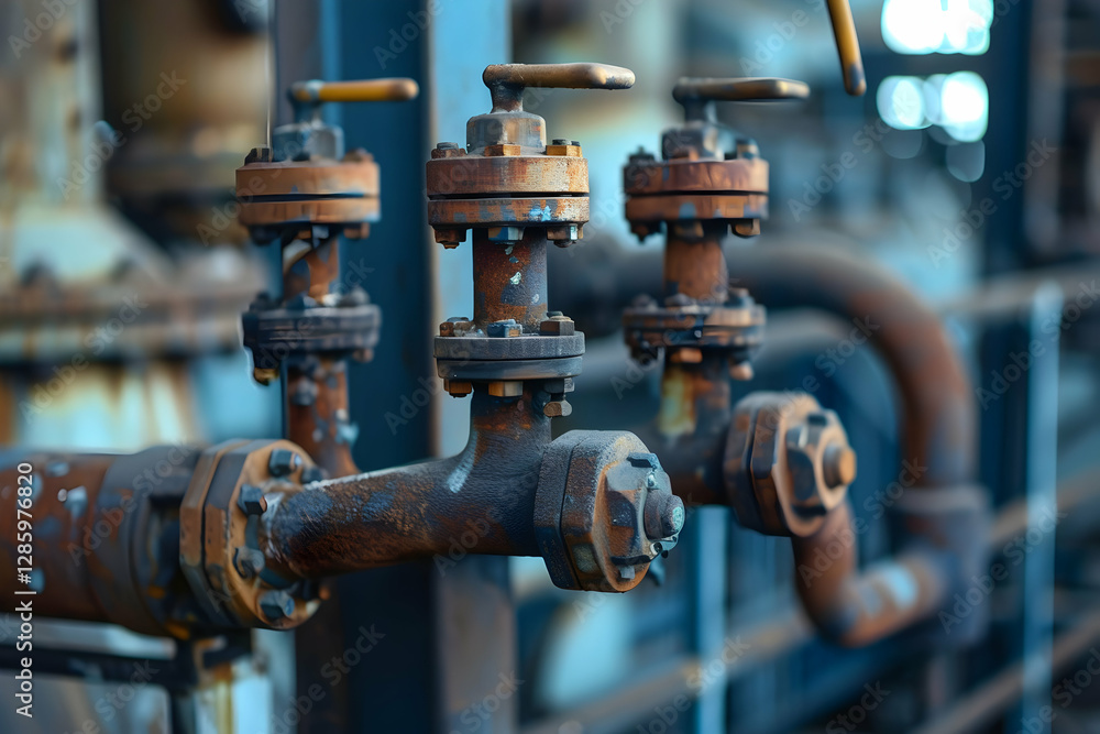 Close-up of rusted industrial valves in an abandoned factory setting with machinery in the background Close-up of rusted industrial valves in an abandoned factory setting with machinery in the background