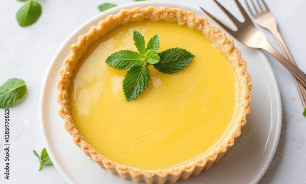 Delicious lemon tart with mint garnish Delicious lemon tart with mint garnish