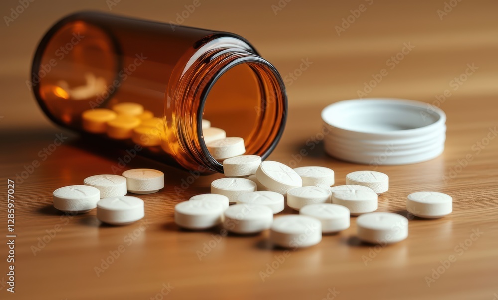 White pills spilled from a bottle White pills spilled from a bottle
