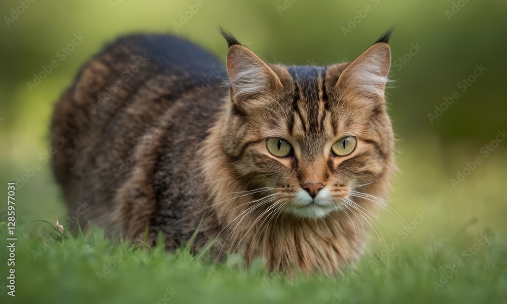 Elegant Maine Coon Cat Portrait in Lush Green Meadow Environment Elegant Maine Coon Cat Portrait in Lush Green Meadow Environment