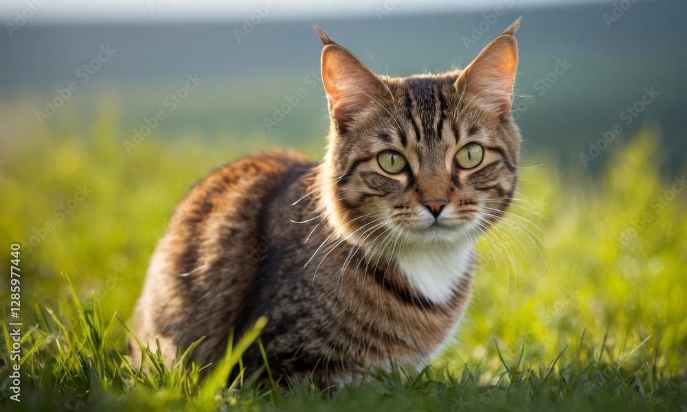 Enchanting Feline Portrait, A Captivating Striped Cat in a Lush Green Meadow Enchanting Feline Portrait, A Captivating Striped Cat in a Lush Green Meadow