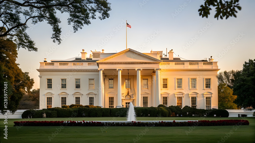 Naklejka premium White House in Golden Light Representing Leadership. Perfect for: Political campaigns, governance reports, national leadership themes