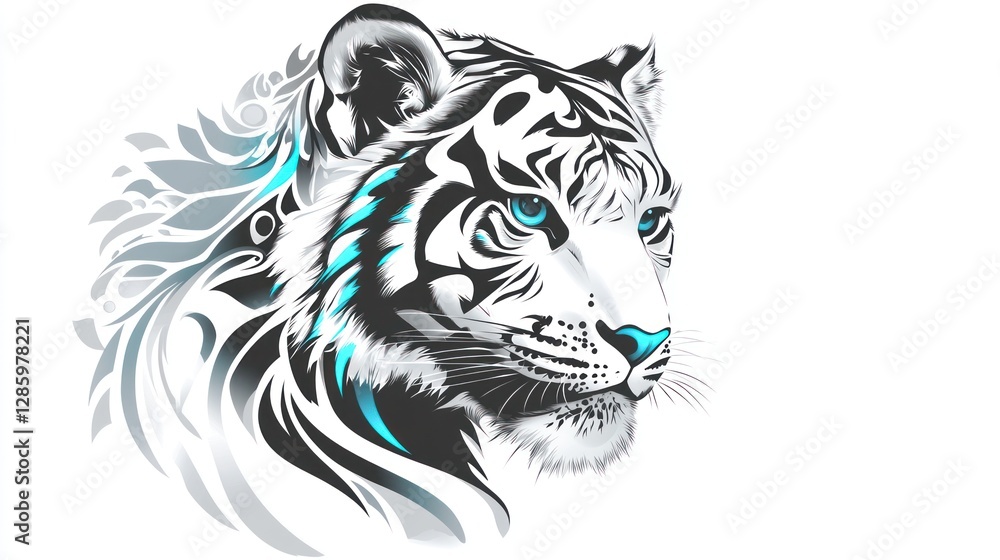 Fototapeta White tiger portrait, ornate background, artistic design, digital illustration, print