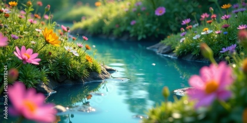 Serene Streamside Bloom A picturesque scene of vibrant wildflowers flourishing along a tranquil stream, reflecting the sunlight and creating a peaceful, idyllic setting.