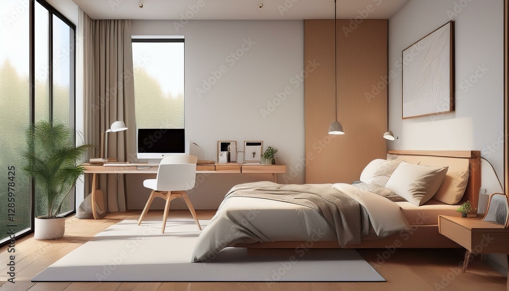 Fototapeta premium Light bedroom interior with bed and workplace near window, mockup poster