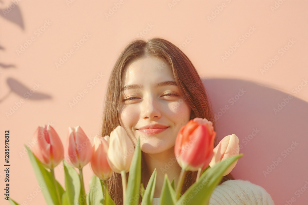 Young woman smiling behind tulips against a pink background Young woman smiling behind tulips against a pink background