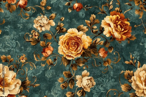 Fototapeta Naklejka Na Ścianę i Meble -  Beautiful flowers and leafy vines decorating a floral patterned teal background