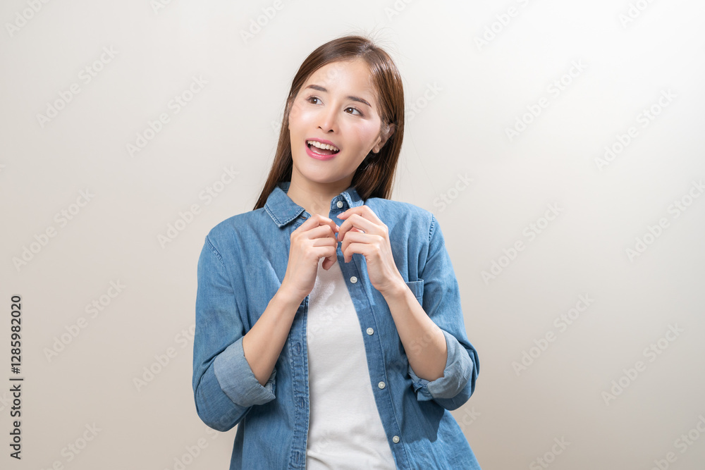 Smile positive, happy asian young woman, girl in casual, portrait of beautiful female with long hair feeling prond, standing, looking away, isolated on white background, copy space. Smile positive, happy asian young woman, girl in casual, portrait of beautiful female with long hair feeling prond, standing, looking away, isolated on white background, copy space.