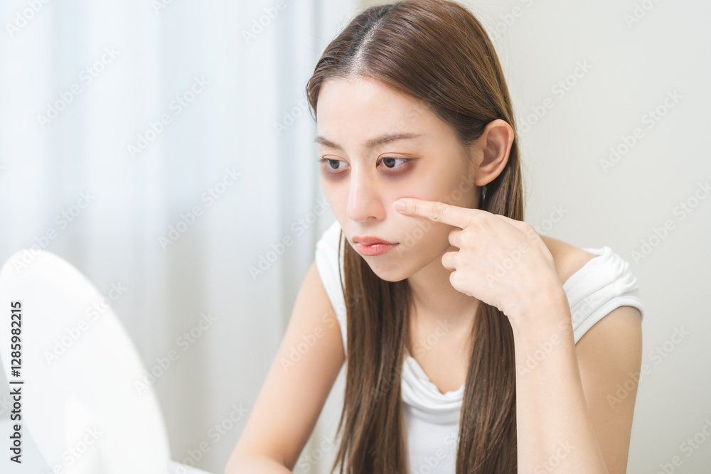 Black eye, dark eye healthcare concept. Bored with insomnia asian young woman, girl looking the at mirror, hand touching under eyes with problem of circles or panda puffy, swollen and wrinkle on face. Black eye, dark eye healthcare concept. Bored with insomnia asian young woman, girl looking the at mirror, hand touching under eyes with problem of circles or panda puffy, swollen and wrinkle on face.