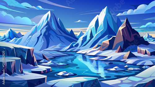 Antarctic landscape. Cold mountain landscape covered in snow and ice