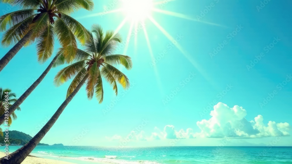 A bright sun shines over palm trees on a tropical beach with turquoise water. Concept of: Ultimate vacation. A bright sun shines over palm trees on a tropical beach with turquoise water. Concept of: Ultimate vacation.