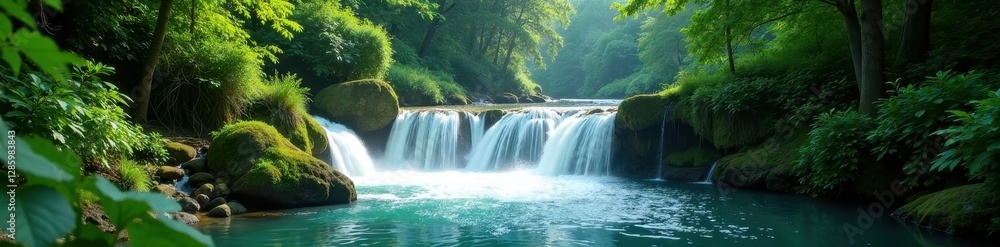 Fototapeta premium Vibrant cascade tumbles through lush emerald forest , landscape, vibrant