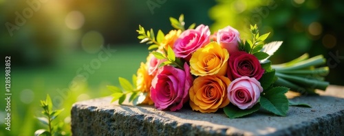 Vibrant bouquet rests on weathered headstone, sunlit , peace, feeling, sad