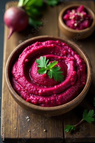 Vibrant beetroot hummus, swirls visible, rustic wooden board , smooth, snack