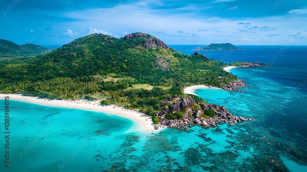 A tropical island with white sandy beaches and turquoise water under a clear blue sky A tropical island with white sandy beaches and turquoise water under a clear blue sky