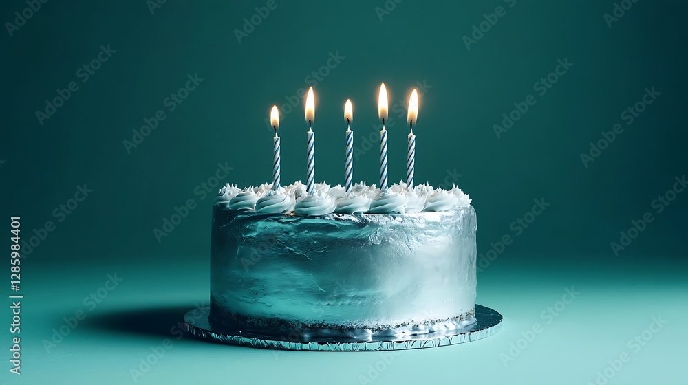 A round silver cake with glossy frosting on a solid teal background, featuring three burning candles.