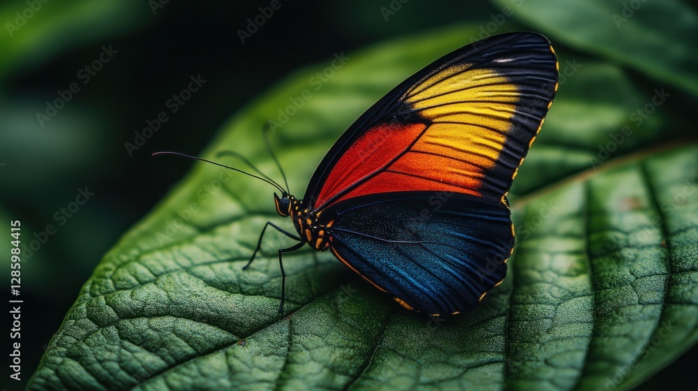 Fototapeta premium Vibrant butterfly resting on leaf in lush rainforest