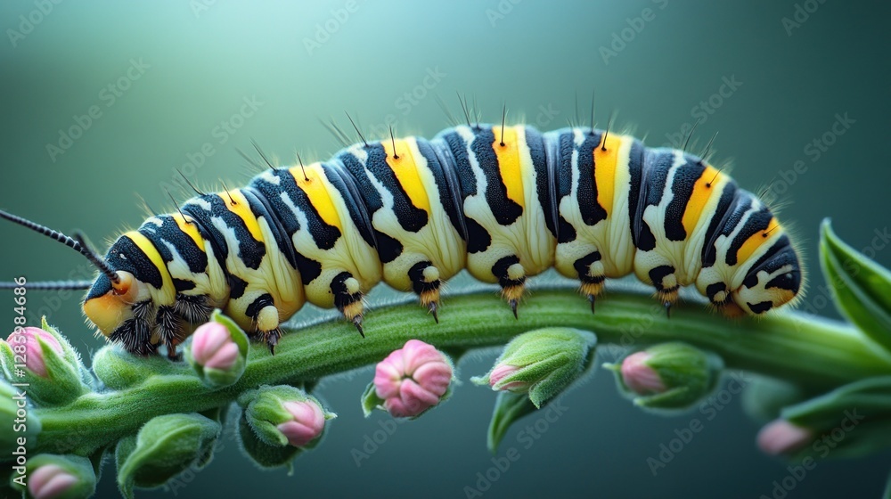 Vibrant caterpillar on plant stem with flowers, macro Vibrant caterpillar on plant stem with flowers, macro