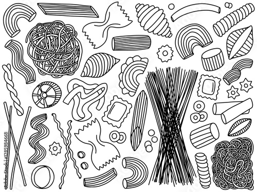 Set of different pasta hand drawn style. Various of pasta and noodles sketch vector set