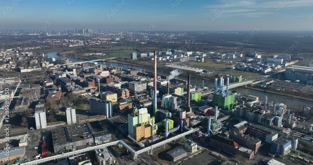Experience an aerial journey through a vibrant city with nature and industry Experience an aerial journey through a vibrant city with nature and industry