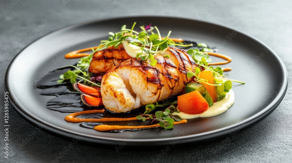 Grilled Lobster Tail Served on Elegant Black Plate with Vegetables Grilled Lobster Tail Served on Elegant Black Plate with Vegetables