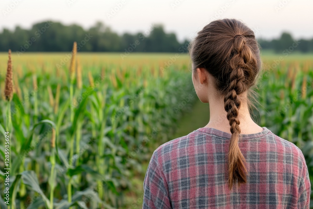 Young girl with braided hair standing in cornfield gazing into distance evoking rural nostalgia and agricultural heritage in a serene countryside setting Young girl with braided hair standing in cornfield gazing into distance evoking rural nostalgia and agricultural heritage in a serene countryside setting