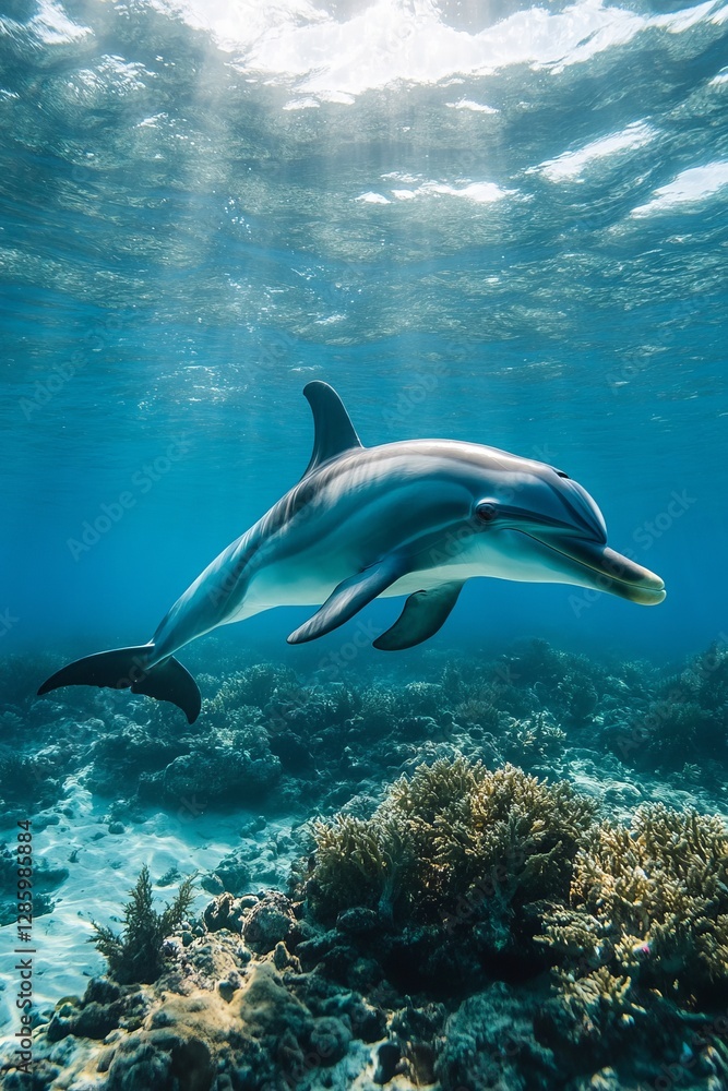 Obraz premium Dolphin breaching near reef restoration project captures marine sustainability